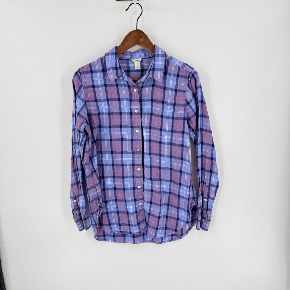 L.L. Bean 100% Linen Purple Blue Plaid Button Down Shirt Size S Coastal Preppy